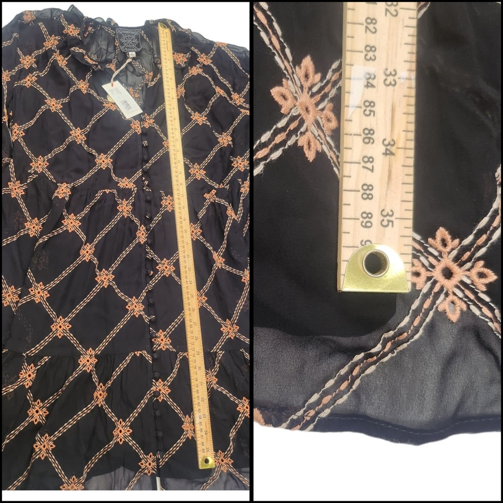 Johnny Was Dress XL Black Orange Sheer Embroidered Mock Neck Ruffle Button NEW - Picture 11 of 12